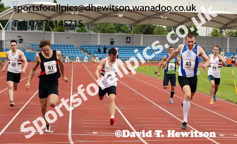 91 Adam Harvey (Wigan) wins from 40 Tim Turn (City of Sheffield) 2nd and 96 Nathan Hilton (Liverpool Pembroke and Sefton) 3rd in the senior mens 400 metres, Northern Senior and Under-20 Champs., Sport City, Manchester. Photo: David T. Hewitson/Sports for All Pics